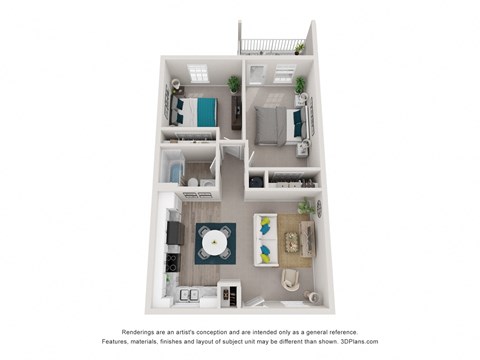 a 3d floor plan of a 1 bedroom apartment